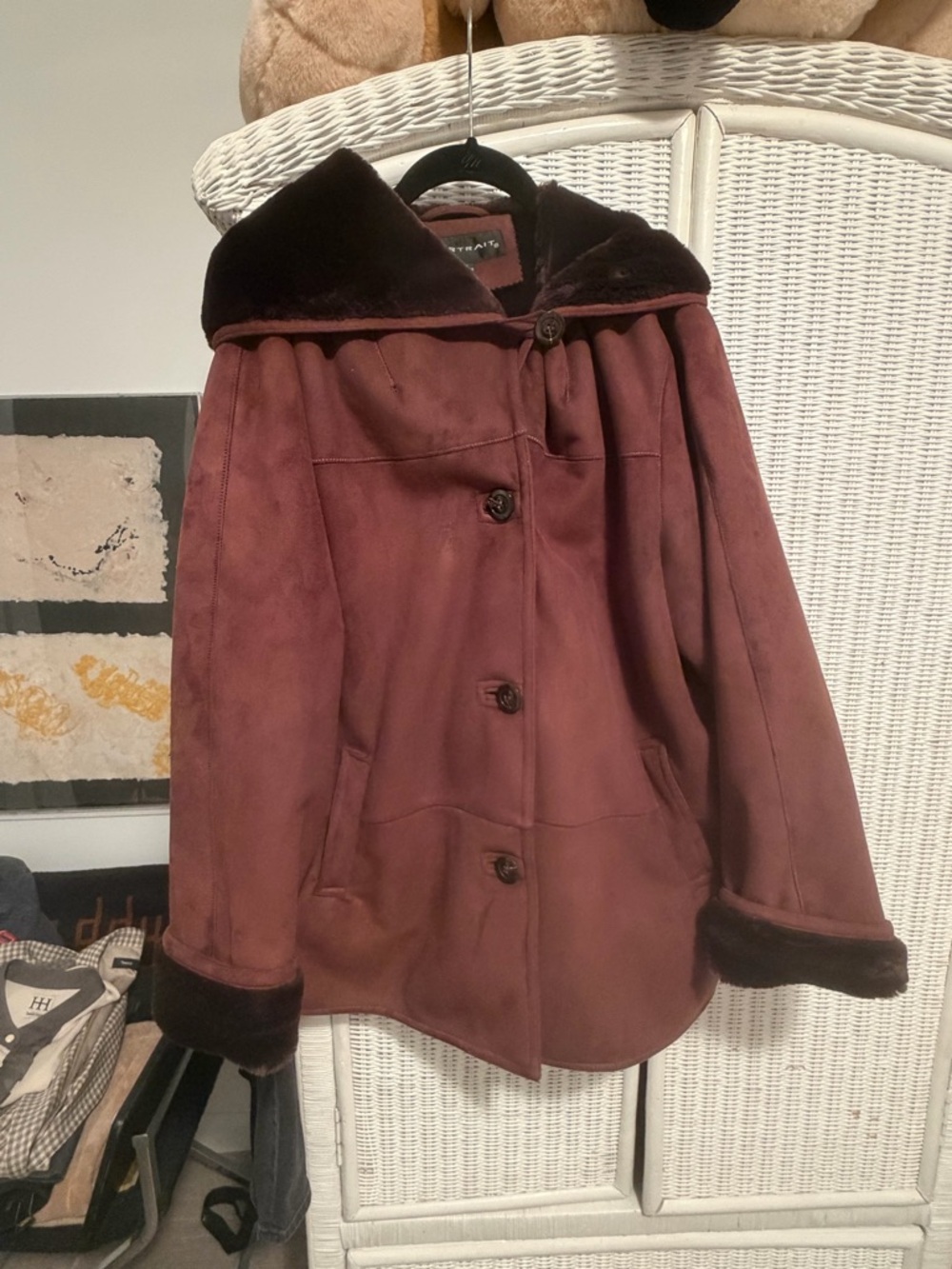Women's Teddy Coat with Faux Fur Trim - Burgundy